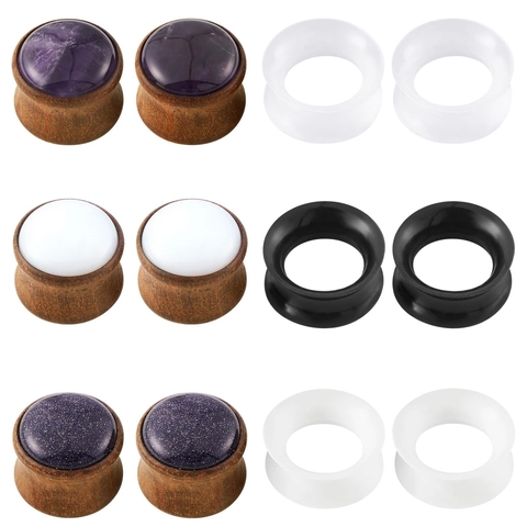 Wood Ear Plugs Tunnels Set Inlaid Stone Silicone Body Piercing Jewelry For Men Women Unisex Gauges Multi Style Expanders