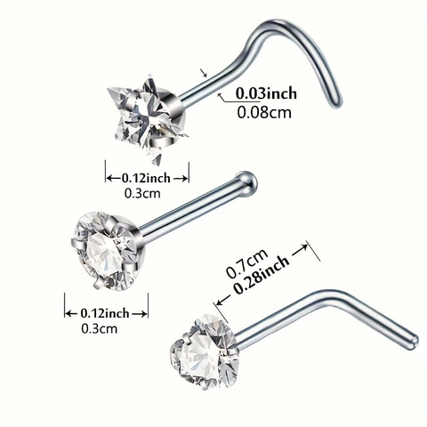 Set de Piercings de Nariz de Acero Inoxidable con Zirconia Cúbica Corazón Estrella Redondo Joyería de Perforación para Mujer y Hombre