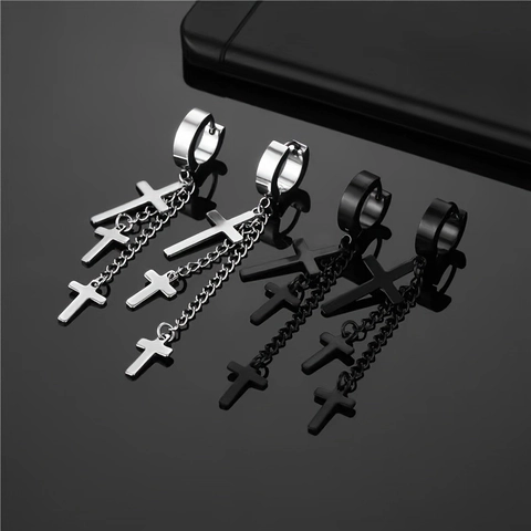 Triple Cross Tassel Chain Earrings Titanium Steel Punk Gothic Hoop Ear Clips For Men Women Unisex Jewelry
