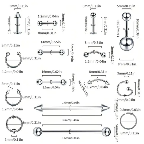 Stainless Steel Body Piercing Jewelry Collection Nose Rings Lip Studs Belly Rings Horseshoe Rings Eyebrow Piercings Mixed Style For Men Women Punk Jewelry