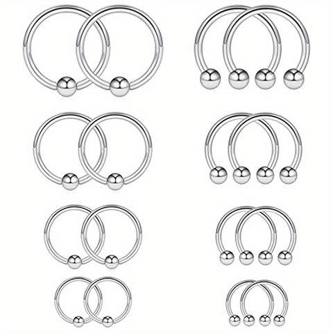 Stainless Steel Nose Ring Horseshoe And Captive Bead Ring Set Silver Body Piercing Jewelry For Women Men Unisex Punk Style