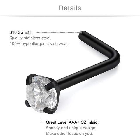 Juego de Pernos para Nariz en Forma de L de Acero Inoxidable 316 Para Hombre Mujer AAA+ Zirconia Cúbica Joyería de Piercing Oro Plata Rosa Negro