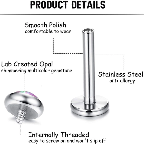 Piercing de Labio de Acero Inoxidable con Rosca Interna y Ópalo Creado en Laboratorio Joyería Labret para Hombre Mujer
