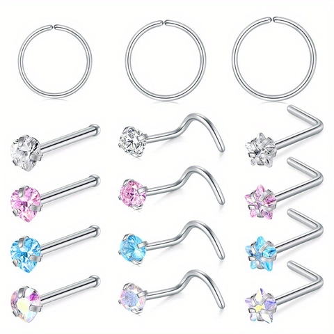 Joyas de Piercing para la Nariz en Acero Inoxidable Aro y Pendiente Corazón Estrella Redondo Zirconia para Mujer Hombre Accesorios