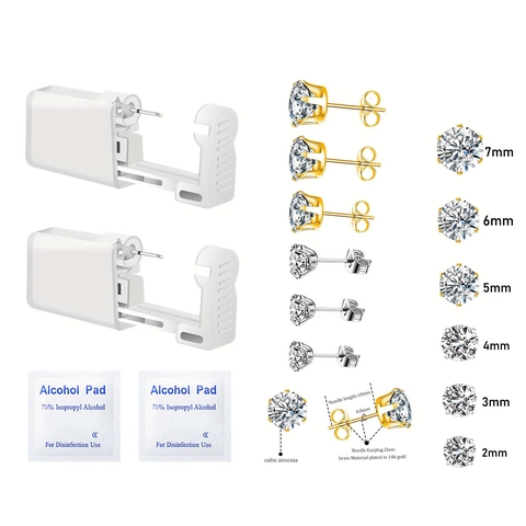 Disposable Self Ear Piercing Kit With Brass Cubic Zirconia Stud Earrings Stainless Steel Piercing Tool And Alcohol Pads Set