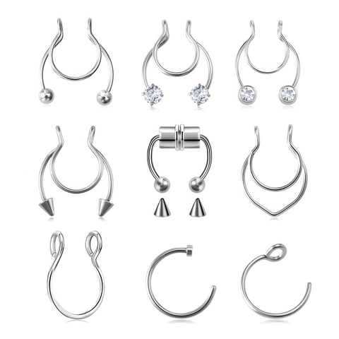 Stainless Steel Magnetic Fake Nose Ring Zirconia Inlaid Horseshoe Septum Ring Hoop Non Piercing Nose Stud Jewelry For Women Men Punk Gothic Style