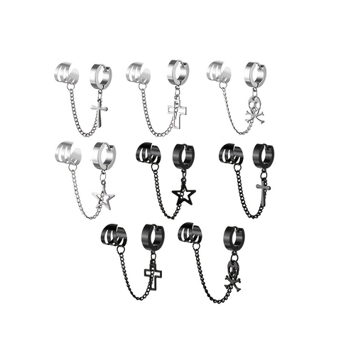 Punk Edelstahl Kette Ohrmanschetten Kreuz Pentagramm Totenkopf Anhänger Ohrringe Gothic Integrierte Creolen Ohrclip Schmuck Für Unisex