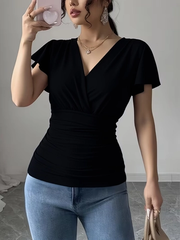 Women Elegant V Neck Ruched T Shirt Short Flutter Sleeve Slim Fit Solid Color Polyester Top For Daily Casual Office Wear