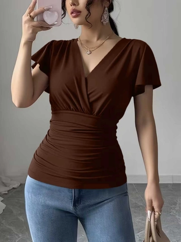 Women Elegant V Neck Ruched T Shirt Short Flutter Sleeve Slim Fit Solid Color Polyester Top For Daily Casual Office Wear