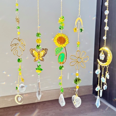 Crystal Suncatcher Gold Moon Sunflower Butterfly Monstera Leaf Hanging Ornament Rainbow Maker Prism For Window Garden Home Decor