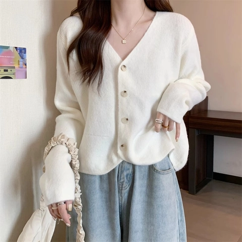 Gilet en Tricot à Manches Longues et Col en V pour Femmes Viscose Douce Boutonné Pull Décontracté Ample Printemps Automne