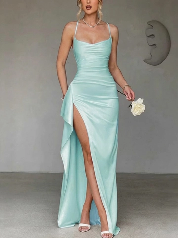 Damen Elegant Satin Spaghettiträger Maxi Kleid Hoher Schlitz Gerafft Formale Party Abendkleid Ärmellos Einfarbig