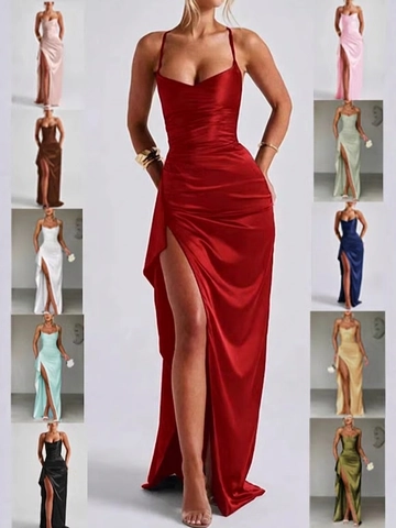 Damen Elegant Satin Spaghettiträger Maxi Kleid Hoher Schlitz Gerafft Formale Party Abendkleid Ärmellos Einfarbig