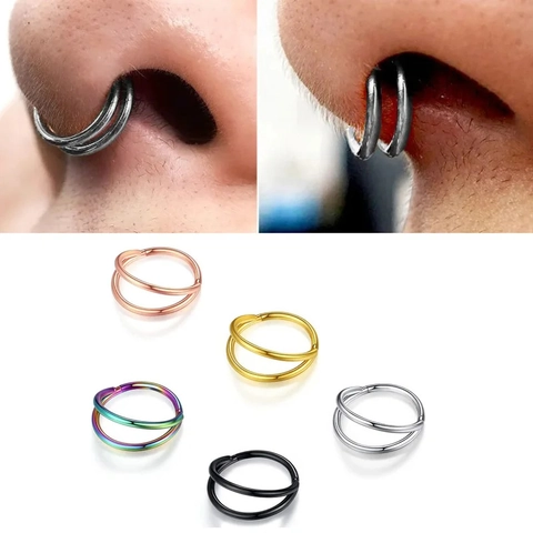 Stainless Steel Double Layer Nose Ring Septum Clicker Hinged Segment Hoop Ear Cartilage Tragus Helix Piercing Jewelry For Unisex