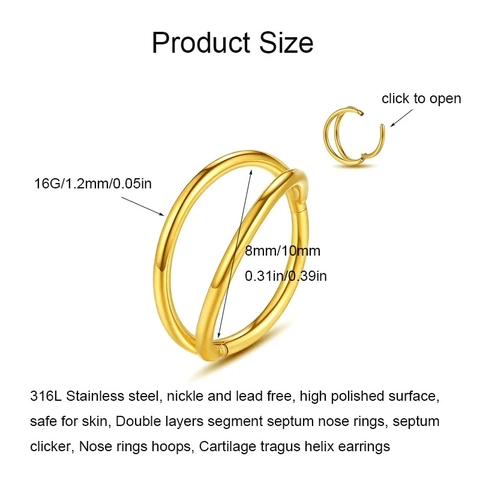 Stainless Steel Double Layer Nose Ring Septum Clicker Hinged Segment Hoop Ear Cartilage Tragus Helix Piercing Jewelry For Unisex
