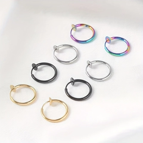 Punk Stainless Steel Spring Clip On Hoop Earrings For Men Women Non Piercing Fake Earrings Minimalist Circle Jewelry Gold Silver Black Rainbow