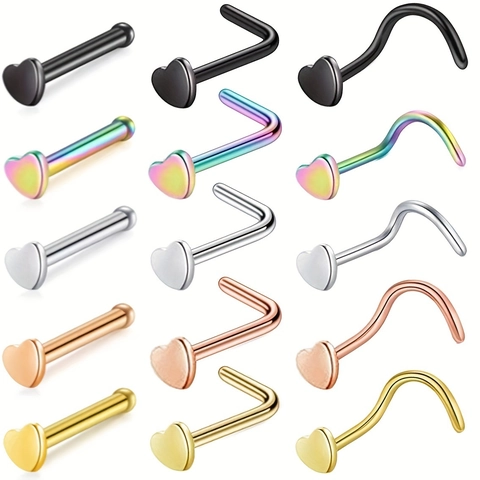 Heart Shape Stainless Steel Nose Studs Piercing Jewelry L-Shape And Screw And Straight Bone Styles Fashion Body Accessories
