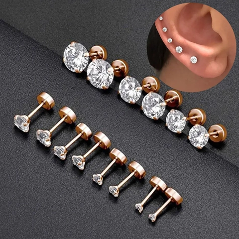 Boucles d'Oreilles Clous Classiques en Acier Inoxydable Quatre Griffes Zircone Ronde Fermoir à Vis pour Hommes Femmes Bijoux