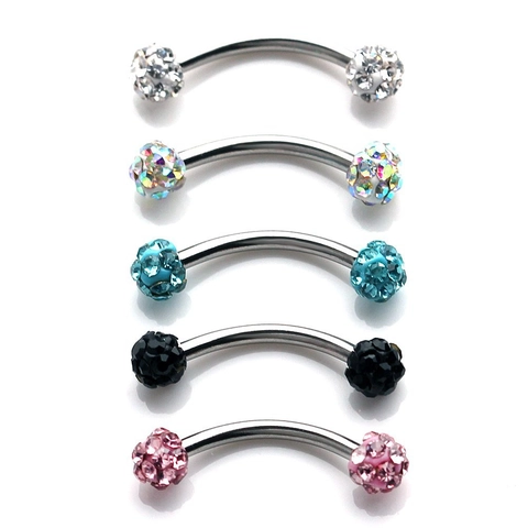 Surgical Stainless Steel Eyebrow Piercing Stud Curved Barbell Set With Sparkling Clay Rhinestone Shamballa Balls Body Jewelry