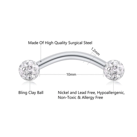 Surgical Stainless Steel Eyebrow Piercing Stud Curved Barbell Set With Sparkling Clay Rhinestone Shamballa Balls Body Jewelry