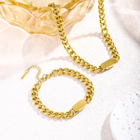 Bracelet Collier en Acier Inoxydable Maillons Cubains pour Femmes Minimaliste Hip Hop Plaque ID Chaîne Or Argent Bijoux