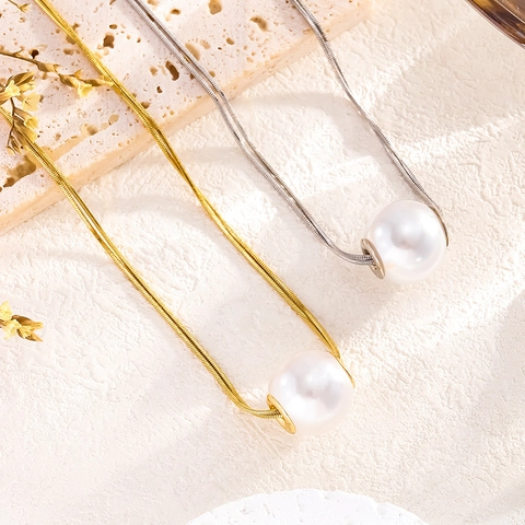 Elegante Titanstahl Doppellagig Schlangenkette Halskette Mit Großer Künstliche Perle Anhänger Gold Silber Schmuck Für Damen