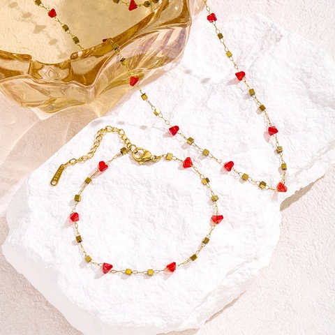 Ensemble Collier Bracelet en Acier Inoxydable Zirconia Cœur Plaqué Or Perles Irrégulières Parure Bijoux Femme