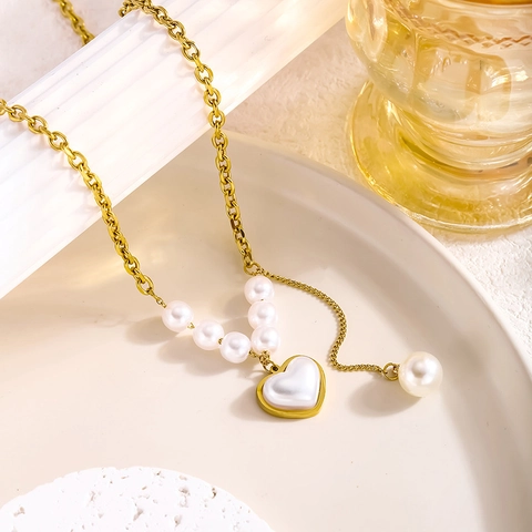 Ensemble Collier et Bracelet en Acier Inoxydable pour Femme Pendentif Coeur Künstliche Perle Chaîne Mixte Plaqué Or Coquille Blanche Strass Bijoux de Mode