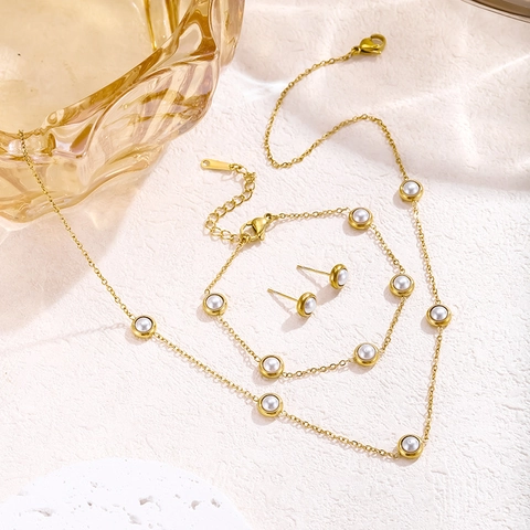 Parure De Bijoux Élégante En Acier Inoxydable Avec Künstliche Perles Blanches Pour Femmes Collier Bracelet Et Boucles D Oreilles