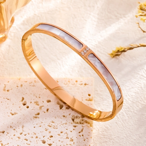 Bracelet Jonc En Acier Inoxydable Avec Nacre Et Zircone Bijoux De Mode Élégants Minimalistes Pour Femmes