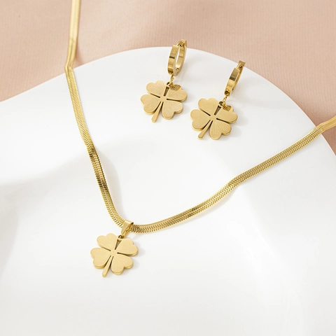 Stainless Steel Gold Plated Four Leaf Clover Necklace Bracelet Earrings Jewelry Set For Women Fashion Flat Snake Chain