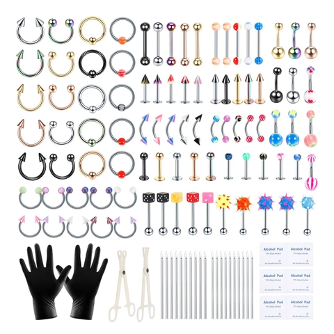 Professional Body Piercing Tool Kit Stainless Steel Needles Clamps Jewelry 14G 16G Nose Lip Belly Ring Alcohol Pads Gloves