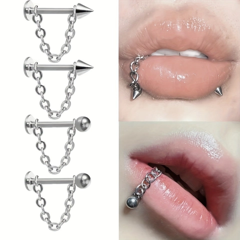 Stainless Steel Lip Ring Chain Spike And Ball Punk Gothic Piercing Jewelry For Women Men Silver Body Jewelry