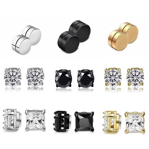 Pendientes de Botón Magnéticos de Acero Inoxidable Para Hombres Mujeres Sin Perforación Zirconia Redondo Cuadrado Geométrico Clips Para Orejas Joyería