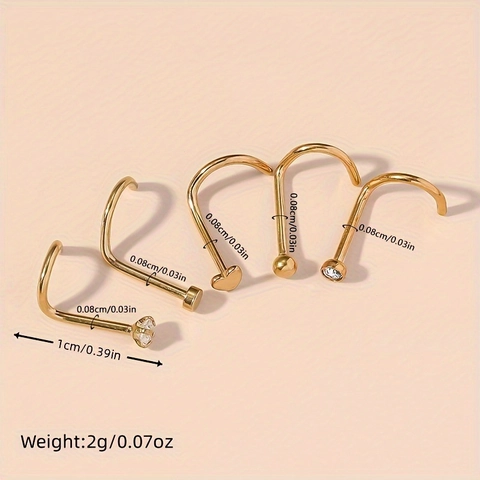 Collection de Clous de Nez en Acier Inoxydable Cœur Rond Boule Zircon Incrusté Tige Courbée en L Bijoux de Piercing pour Femmes Hommes