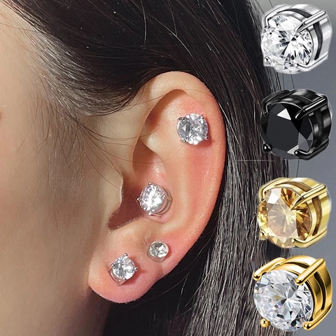 Stainless Steel Magnetic Stud Earrings Round Square Zirconia Non Pierced Clip On Earrings Neutral Jewelry Men Women