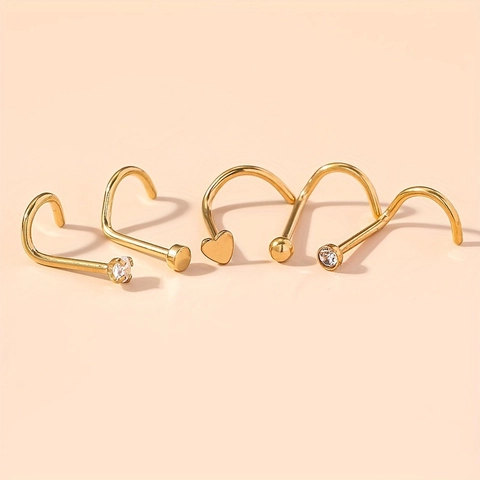 Collection de Clous de Nez en Acier Inoxydable Cœur Rond Boule Zircon Incrusté Tige Courbée en L Bijoux de Piercing pour Femmes Hommes