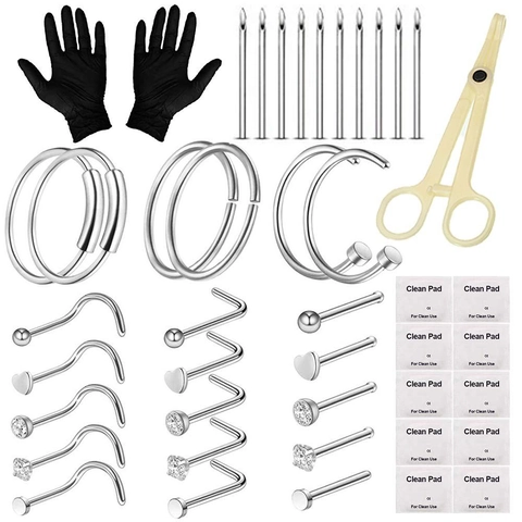 Professionelles Edelstahl Nasenring Piercing Schmuck Mit Nadeln Klemmen Handschuhen Und Reinigungspads Zirkonia Inlaid Kit
