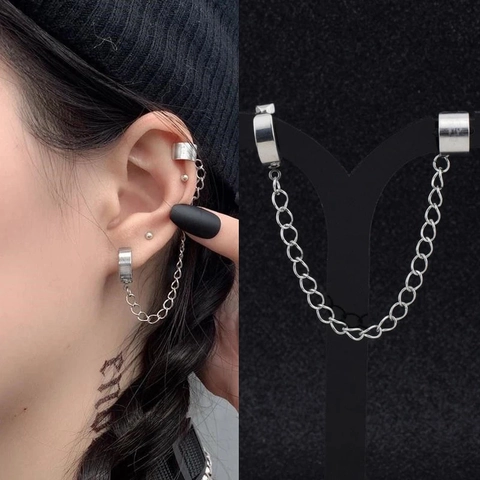 Punk Stainless Steel Chain Ear Cuff Earrings For Men Women Non Piercing Ear Clip Pierced Stud Earring Gothic Hip Hop Jewelry