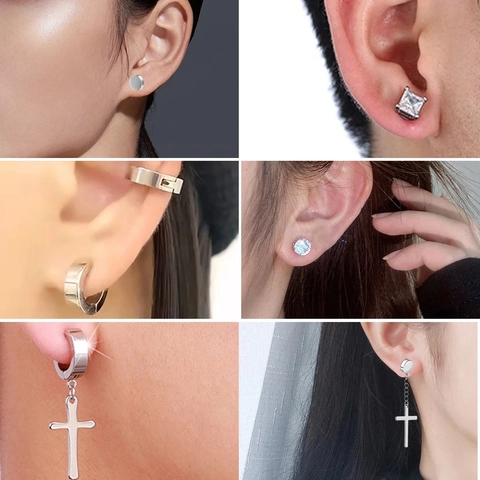 Stainless Steel Magnetic Cross Ear Clips Non Piercing Hoop Stud Earrings For Men Women Punk Goth Fashion Jewelry Accessories