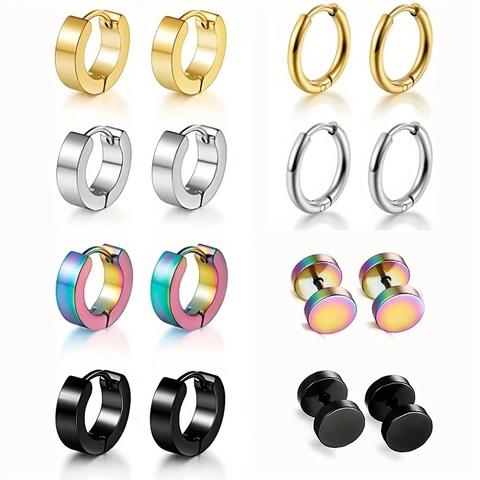 Stainless Steel Hoop Earrings Collection Minimalist Small Stud Earrings For Men Women Black Gold Silver Plated Punk Jewelry Assorted Styles