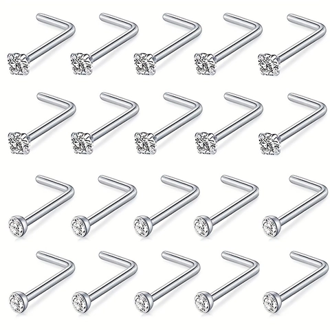 Edelstahl Nasenstecker Mit Zirkonia Eingelegt L-Form Und Gebogener Stab Körper Piercing Schmuck Für Herren Damen Silber Ton