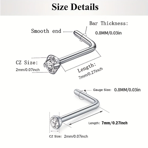 Edelstahl Nasenstecker Mit Zirkonia Eingelegt L-Form Und Gebogener Stab Körper Piercing Schmuck Für Herren Damen Silber Ton