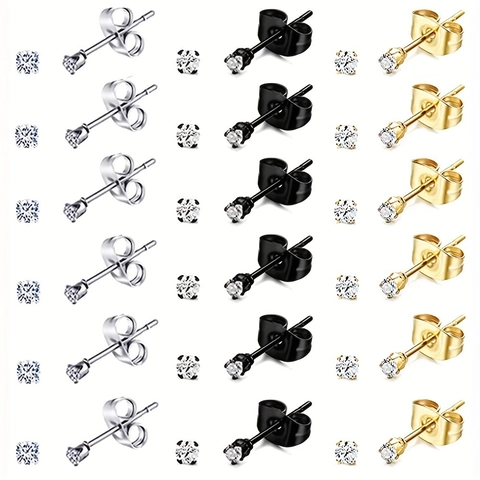 Minimalist Stainless Steel Stud Earrings Set With Round Cubic Zirconia CZ Inlaid For Men Women Gold Silver Black Earrings Jewelry Gift