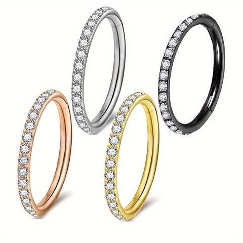 316L Stainless Steel Hinged Segment Ring Pave Inlaid Zirconia Septum Clicker Nose Ring Ear Cartilage Piercing Jewelry For Women Men