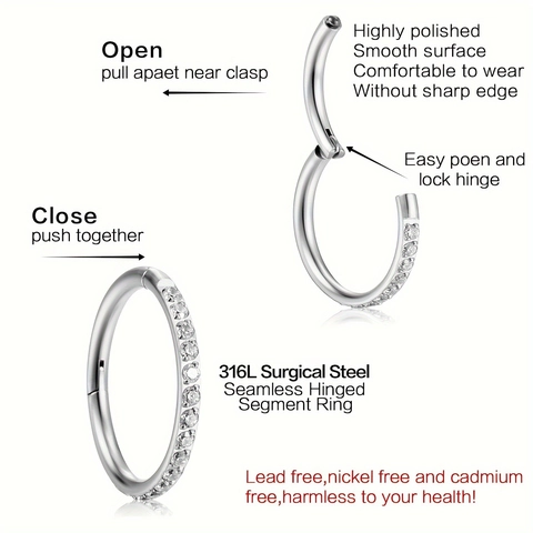 316L Stainless Steel Hinged Segment Ring Pave Inlaid Zirconia Septum Clicker Nose Ring Ear Cartilage Piercing Jewelry For Women Men