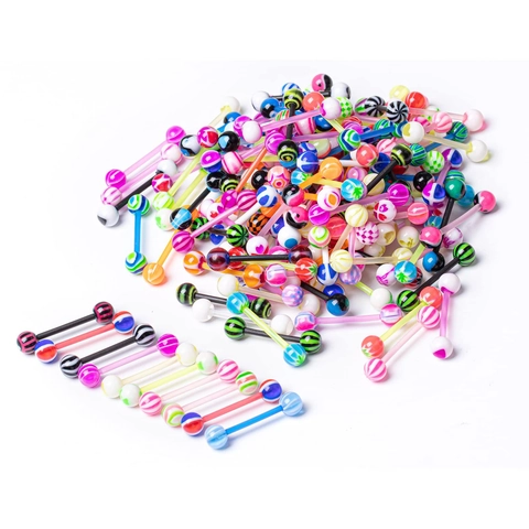 Piercings de Langue en Acier Inoxydable et Acrylique Bijoux de Corps Barbell Multicolore Avec Motifs Mixtes Pour Unisexe Mode Bijoux de Corps