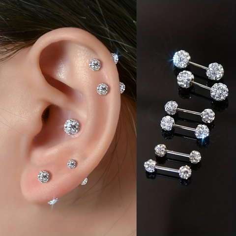 Paved Rhinestone Ball Stainless Steel Stud Earrings For Women Men Shamballa Style Barbell Screw Back Piercing Jewelry
