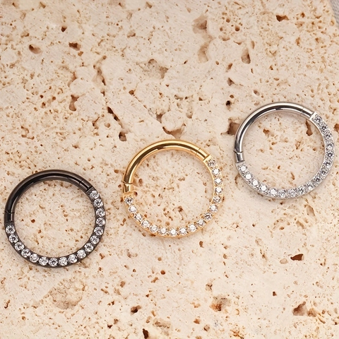 316L Stainless Steel Zirconia Inlaid Hinged Clicker Segment Ring For Nose Ear Cartilage Piercing Jewelry Gold Steel Black