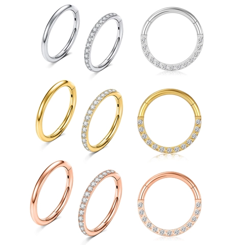 Polished Stainless Steel Hinged Segment Ring Zirconia Inlaid Nose Ring Hoop For Women Cartilage Helix Earring Body Piercing Jewelry